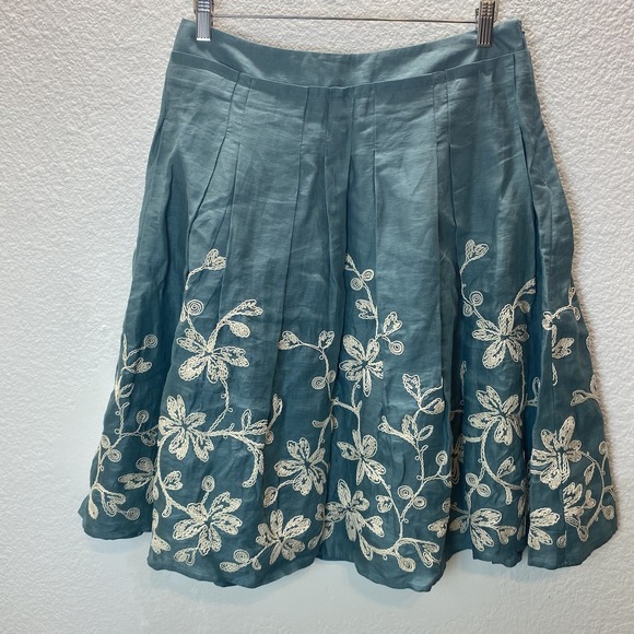 Talbots Women's Size 6 Skirt Floral Embroidered Linen Teal Lined Pleated Cottage - Picture 1 of 7